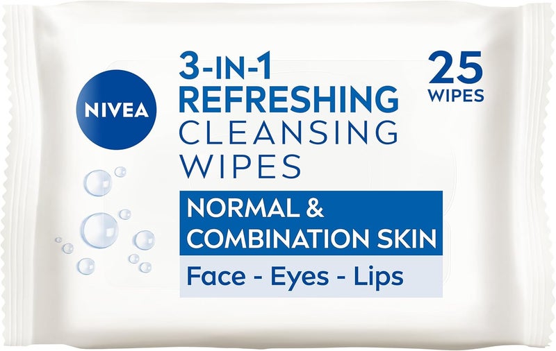 NIVEA 3in1 Refreshing Cleansing Wipes Normal Skin and Combination Skin 25 Wipes PlantBased Makeup Remover Face Wipes Gentle Yet Effective Makeup Removal