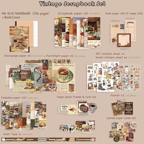 yifely Paper Vintage Aesthetic Scrapbook Kit Scrapbooking Supplies Kit with Bullet Junk Journal,Stationery,A6 Grid Notebook with Graph Ruled Page DIY Journaling Gift for (Coffee Bazaar) - Image 2