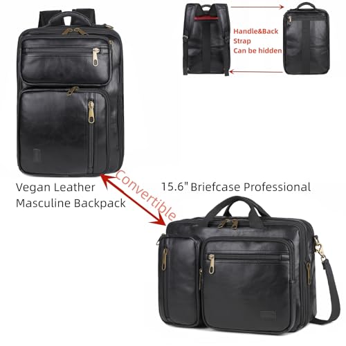 Baosha Vegan Leather Laptop Backpack Briefcase Hybrid 15.6 Inch Laptop Travel Backpack Hiking College Backpack for Men BC-04 (Black) - Image 2