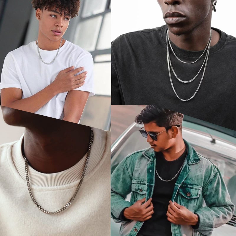 Reoxvo Silver Necklaces Mens Cuban Link Chain Necklace for Men 5 mm Pendants Neck Cool Hip Hop Chains for Men 22 inch - Image 2