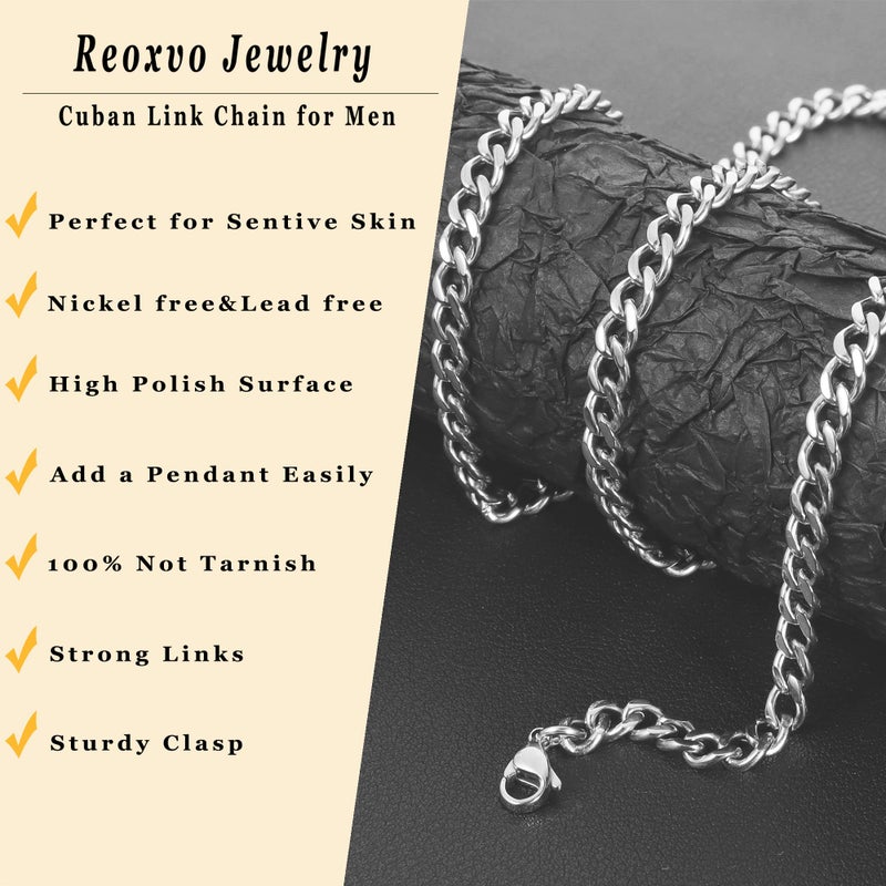 Reoxvo Silver Necklaces Mens Cuban Link Chain Necklace for Men 5 mm Pendants Neck Cool Hip Hop Chains for Men 22 inch - Image 3