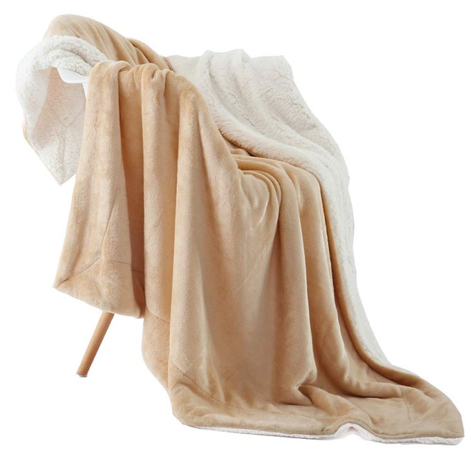 THROW BLANKET REVERSIBLE SHERPA FLANNEL BLANKET SUPER SOFT FUZZY PLUSH FLEECE MICROFIBER FOR BEDCOUCH 60X80BEIGE