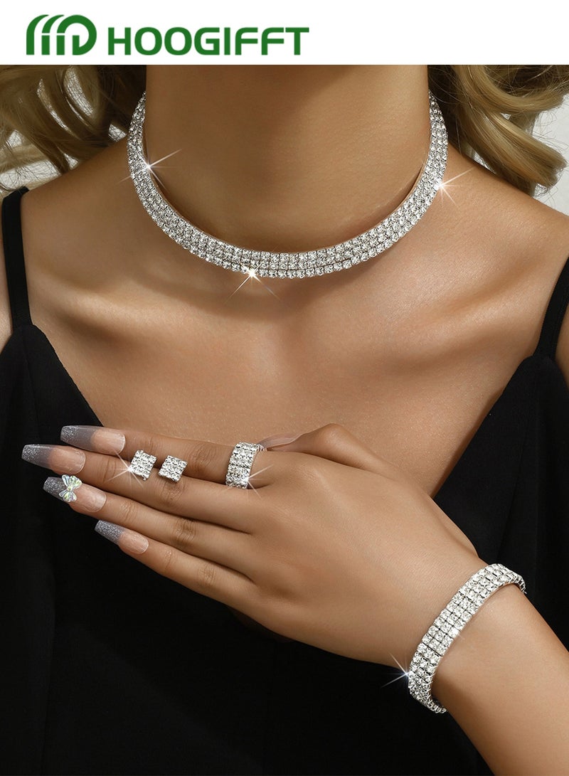 HOOGIFFT 4 Piece Jewelry Set of Necklace and Earrings Shiny Diamond Chic Rhinestone Decor Jewellery Set for Women Ladies Gift for Mother Wife Girlfriend Bridesmaids Wedding Party Accessories - Image 1