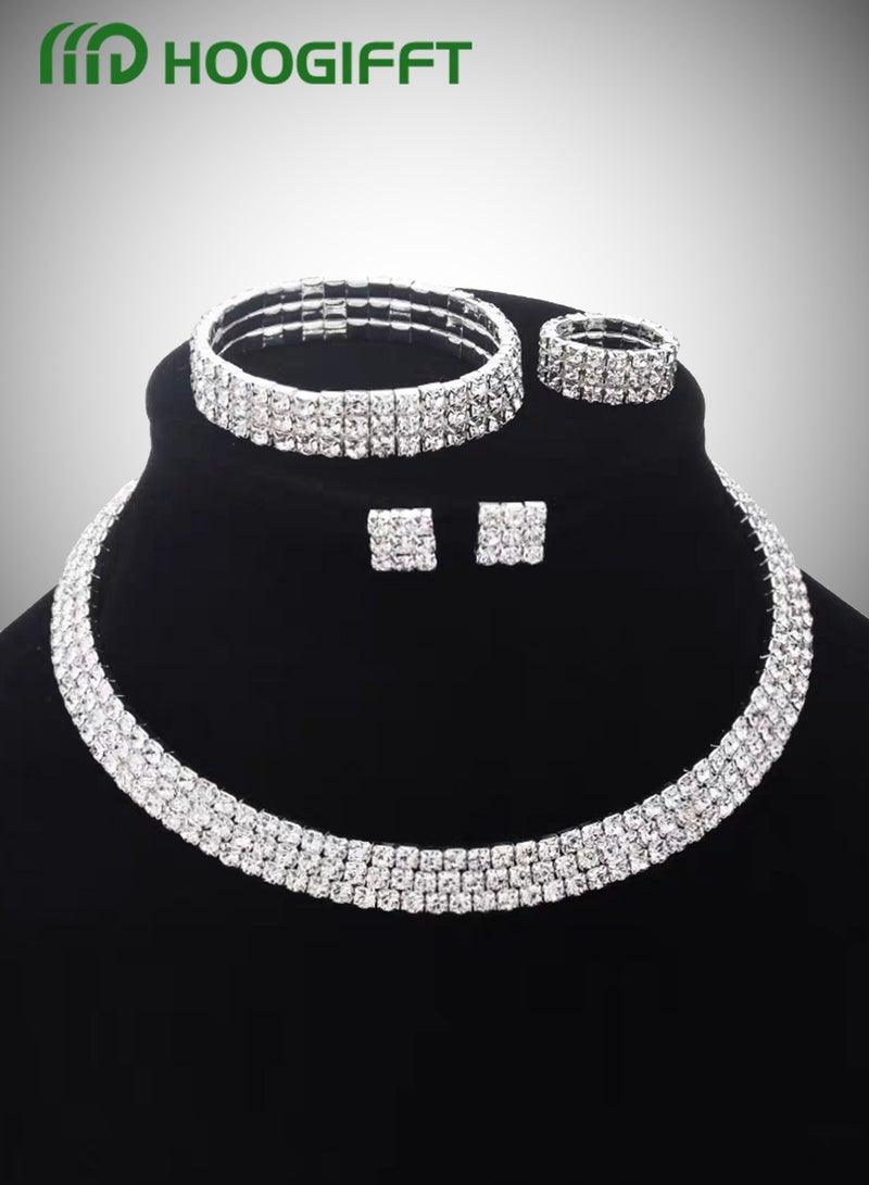 HOOGIFFT 4 Piece Jewelry Set of Necklace and Earrings Shiny Diamond Chic Rhinestone Decor Jewellery Set for Women Ladies Gift for Mother Wife Girlfriend Bridesmaids Wedding Party Accessories - Image 2