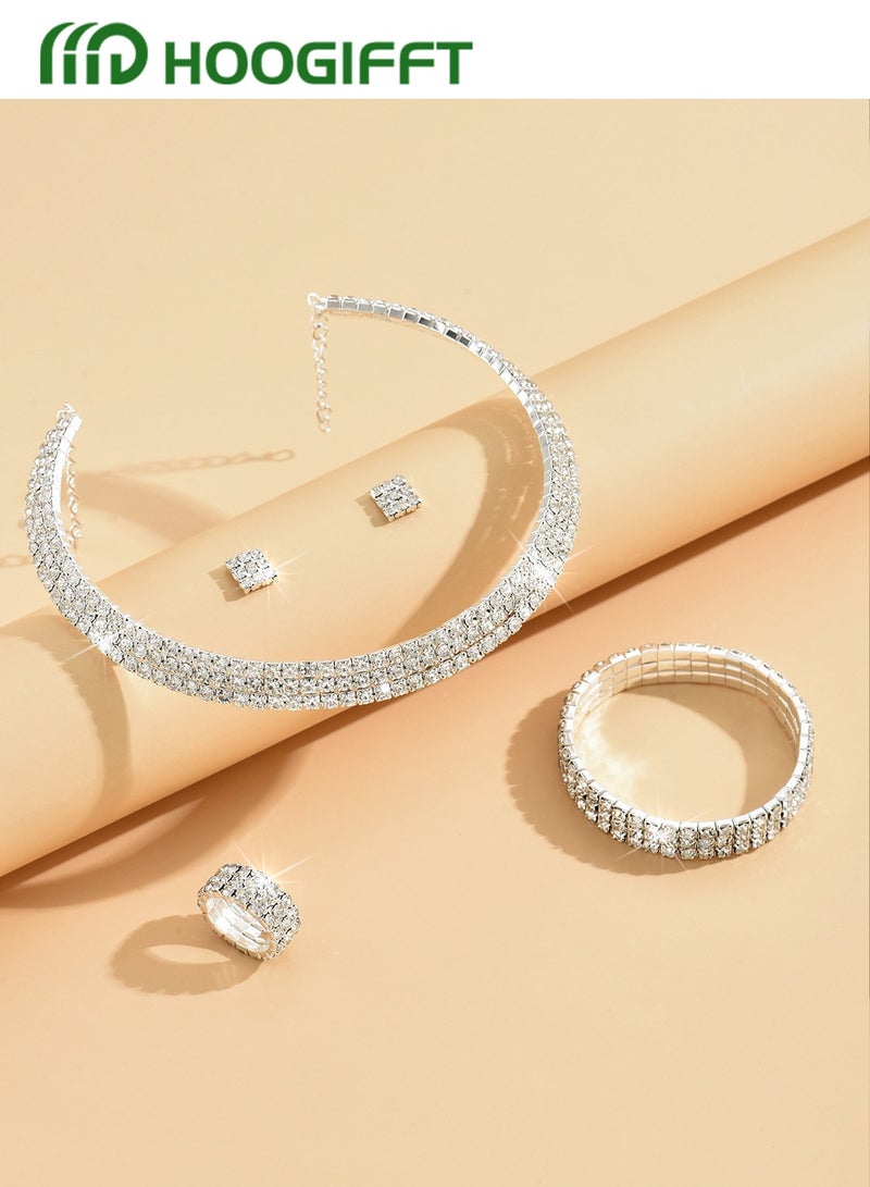 HOOGIFFT 4 Piece Jewelry Set of Necklace and Earrings Shiny Diamond Chic Rhinestone Decor Jewellery Set for Women Ladies Gift for Mother Wife Girlfriend Bridesmaids Wedding Party Accessories - Image 4
