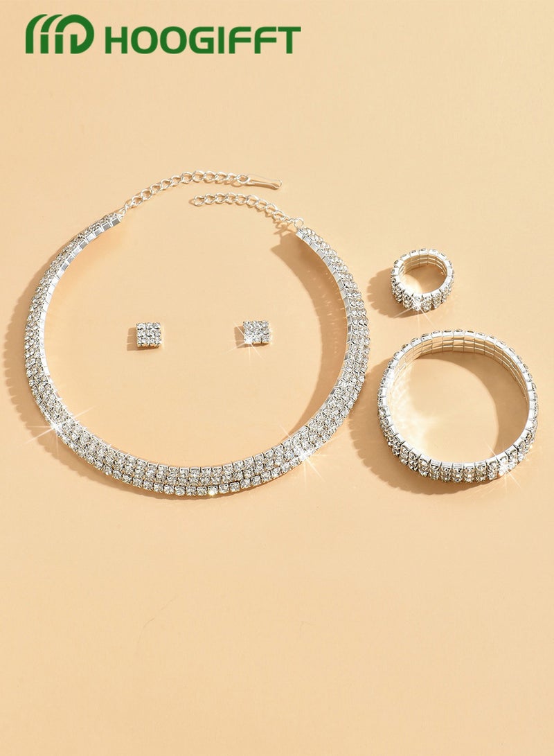 HOOGIFFT 4 Piece Jewelry Set of Necklace and Earrings Shiny Diamond Chic Rhinestone Decor Jewellery Set for Women Ladies Gift for Mother Wife Girlfriend Bridesmaids Wedding Party Accessories - Image 5