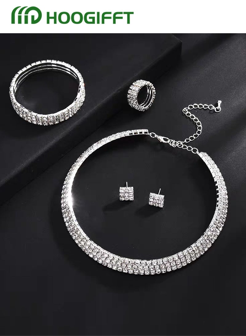 HOOGIFFT 4 Piece Jewelry Set of Necklace and Earrings Shiny Diamond Chic Rhinestone Decor Jewellery Set for Women Ladies Gift for Mother Wife Girlfriend Bridesmaids Wedding Party Accessories - Image 3