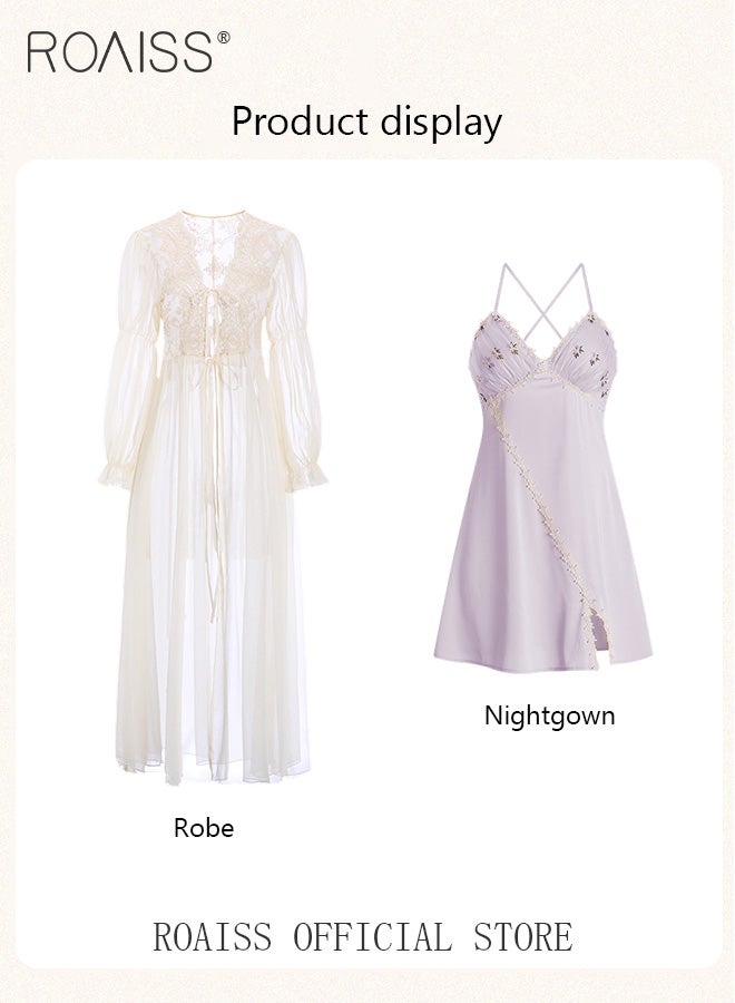 roaiss 2-Piece Set of Women Pajamas with V-Neck Design Women Home Wear Set Same Color Outer Robe and Lace Element Nightgown  - Image 2