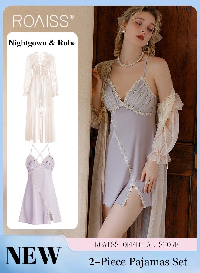 roaiss 2-Piece Set of Women Pajamas with V-Neck Design Women Home Wear Set Same Color Outer Robe and Lace Element Nightgown  - Image 1