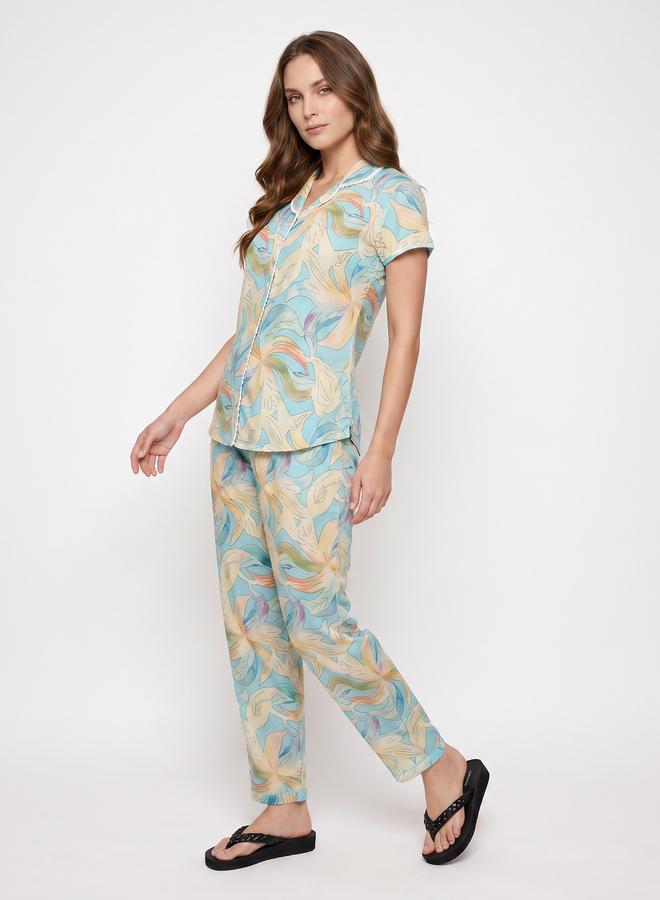 Mish Blue Floral Lace Detail Shirt and Pyjama Set - Image 3
