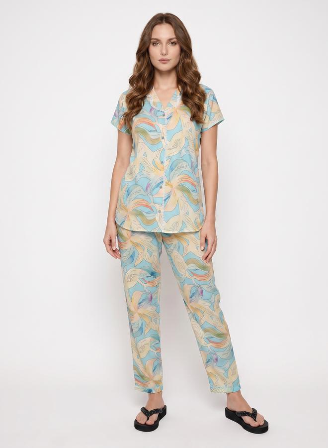 Mish Blue Floral Lace Detail Shirt and Pyjama Set - Image 5