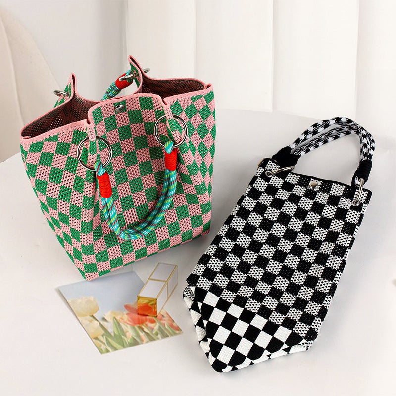 Cute Fresh Wool Crochet Bag Shoulder Portable Checkerboard Square Women'S Bag Fresh And Sweet Knitted Bag - Image 5