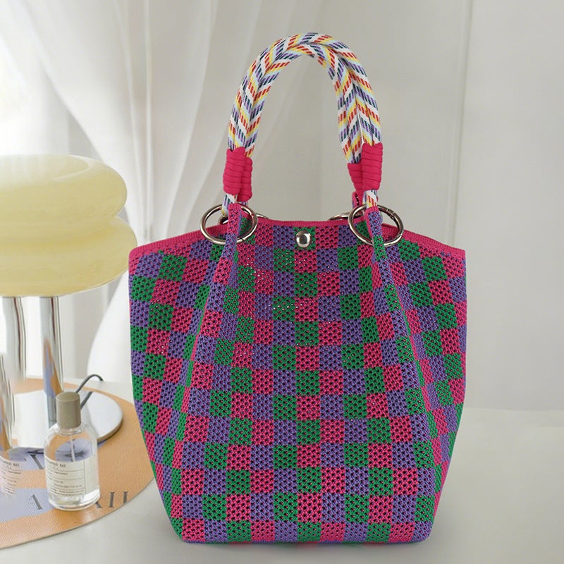 Cute Fresh Wool Crochet Bag Shoulder Portable Checkerboard Square Women'S Bag Fresh And Sweet Knitted Bag - Image 1