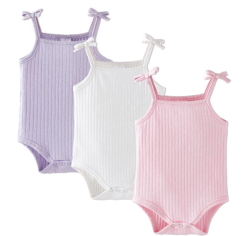 OPAWO Sleeveless Onsies for Baby Girl Tank Top Onsies 3 Pack Ribbed Newborn Bodysuit Girl Summer Clothes Undershirts 0-24M(Pink,Purple,White,3-6Months) - Image 1