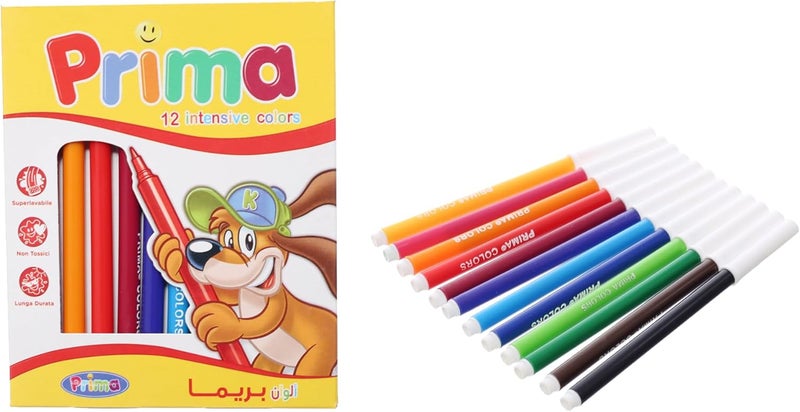 Prima Felt-Tip Pens (12 Colors, Yellow Box) Versatile Set for Artistic and Academic Creativity