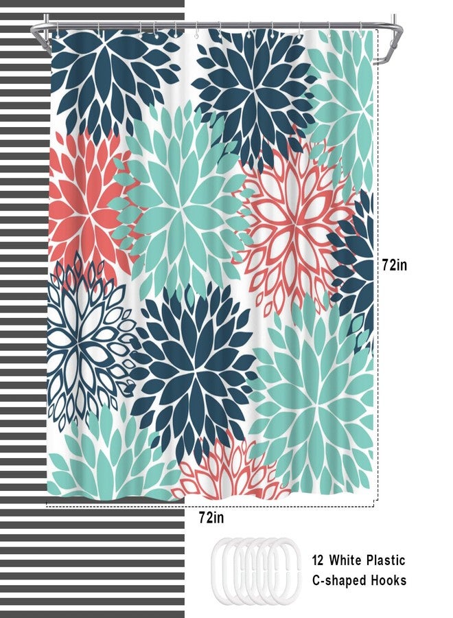 WELMECO Teal Shower Curtain Dahlia Shower Curtain Bathroom Decor Polyester Fabric, 72x72inch - Image 4
