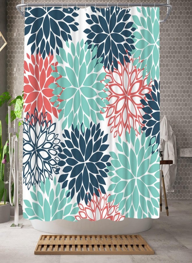 WELMECO Teal Shower Curtain Dahlia Shower Curtain Bathroom Decor Polyester Fabric, 72x72inch - Image 2