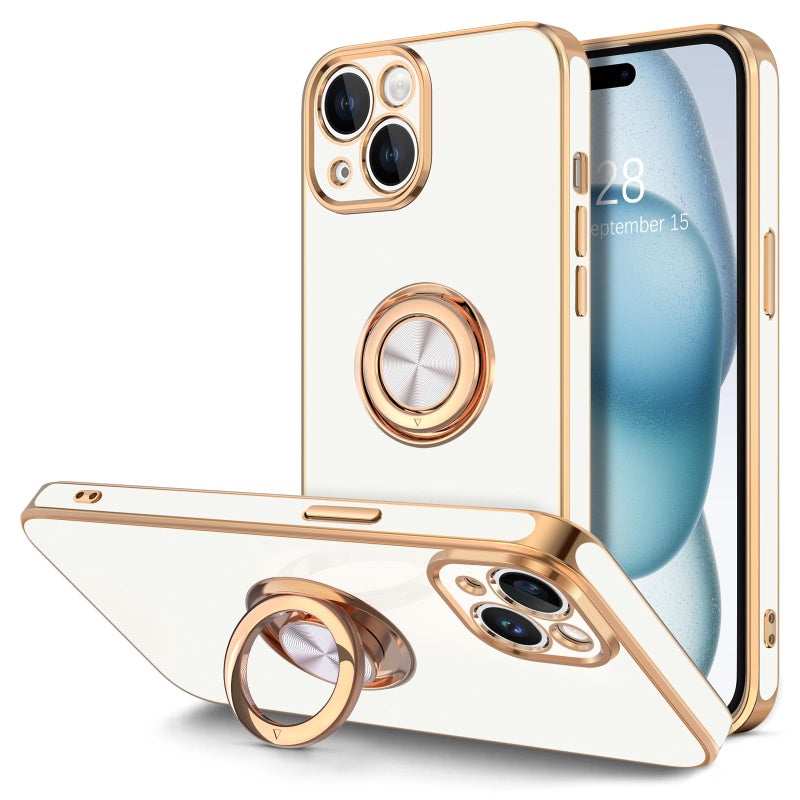 Hython for iPhone 15 Plus Case with Ring Stand, 360Â° Rotatable Ring Holder Magnetic Kickstand, Plating Rose Gold Edge Soft Cover Luxury Protective Phone Case for iPhone 15 Plus 6.7"â€‹, White - Image 1