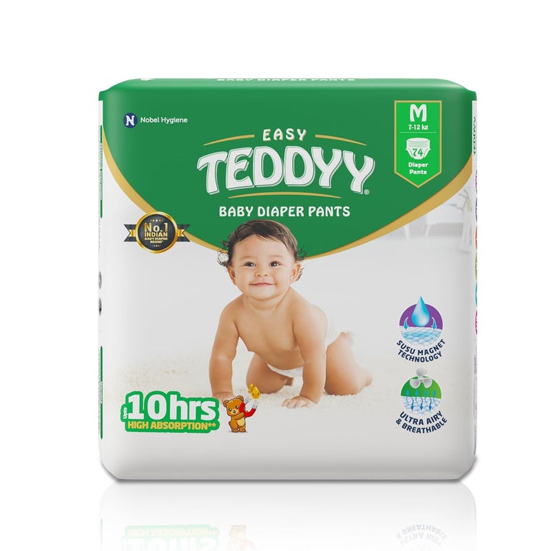 TEDDYY Baby Easy Pant Diapers Medium 74 Count (Pack of 1), 7-12 kgs, 10 hrs Leak Protection, Anti - Bacterial - Image 1