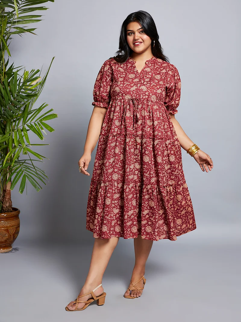 globus Globus Gloplus Women Mandarin Collar Puff Sleeves Floral Print A-Line Midi Plus Size Dress