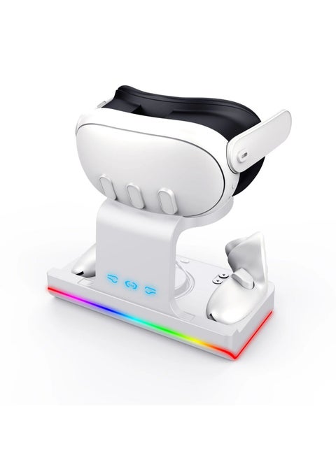 محطة شحن لـ Meta Quest 3، مجموعة ستاند محطة شحن مغناطيسية USB لنظارة Quest 3 VR وتحكم Touch Controller، مع مؤشر LED ملون للشحن السريع.