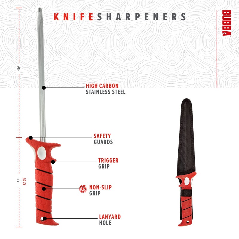 Bubba 10 Inch Honing Steel with Non-Slip Grip Handle, High Carbon Stainless Steel Construction, Lanyard Hole, and Synthetic Sheath for Fishing Knives - Image 3