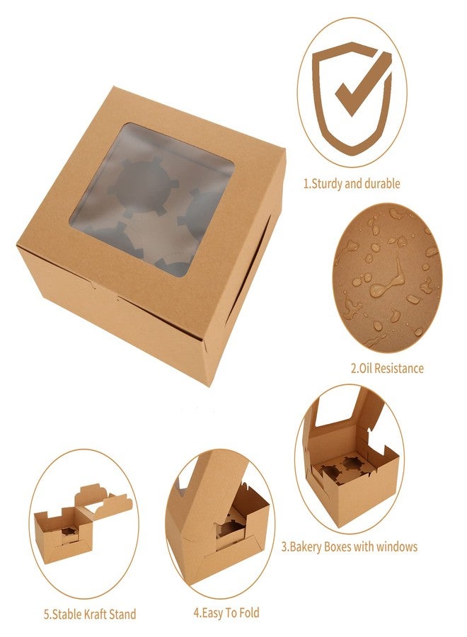 QTLCOHD 100Pcs Brown Bakery Boxes with Window 6x6x3 Inch 4 Count Cupcake Boxes Bulk Small Cupcake Container Pastry Boxes Mini Cake Boxes for Baked Goods Cookies Packaging - Image 5