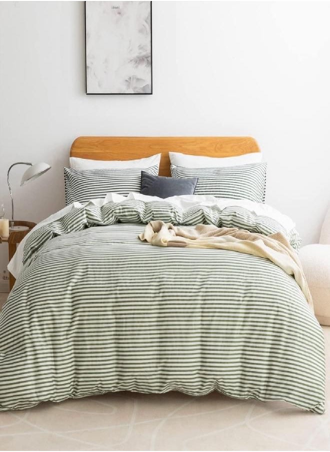 JELLYMONI - JELLYMONI 100% Natural Cotton 3pcs Striped Duvet Cover Sets,White Duvet Cover with Green Stripes Pattern Printed Comforter Cover,with Zipper Closure & Corner Ties(Full Size) - Image 1