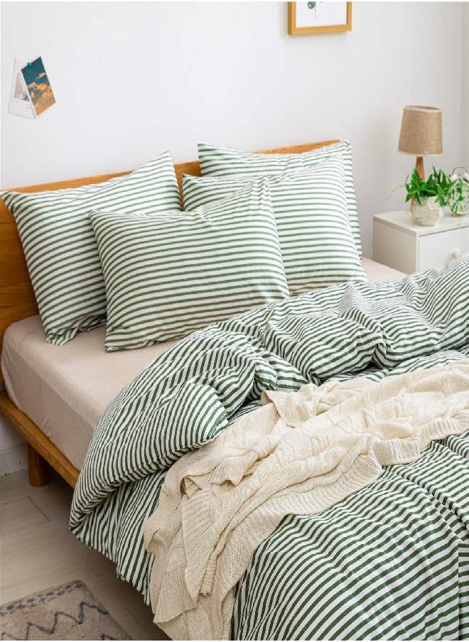 JELLYMONI - JELLYMONI 100% Natural Cotton 3pcs Striped Duvet Cover Sets,White Duvet Cover with Green Stripes Pattern Printed Comforter Cover,with Zipper Closure & Corner Ties(Full Size) - Image 1