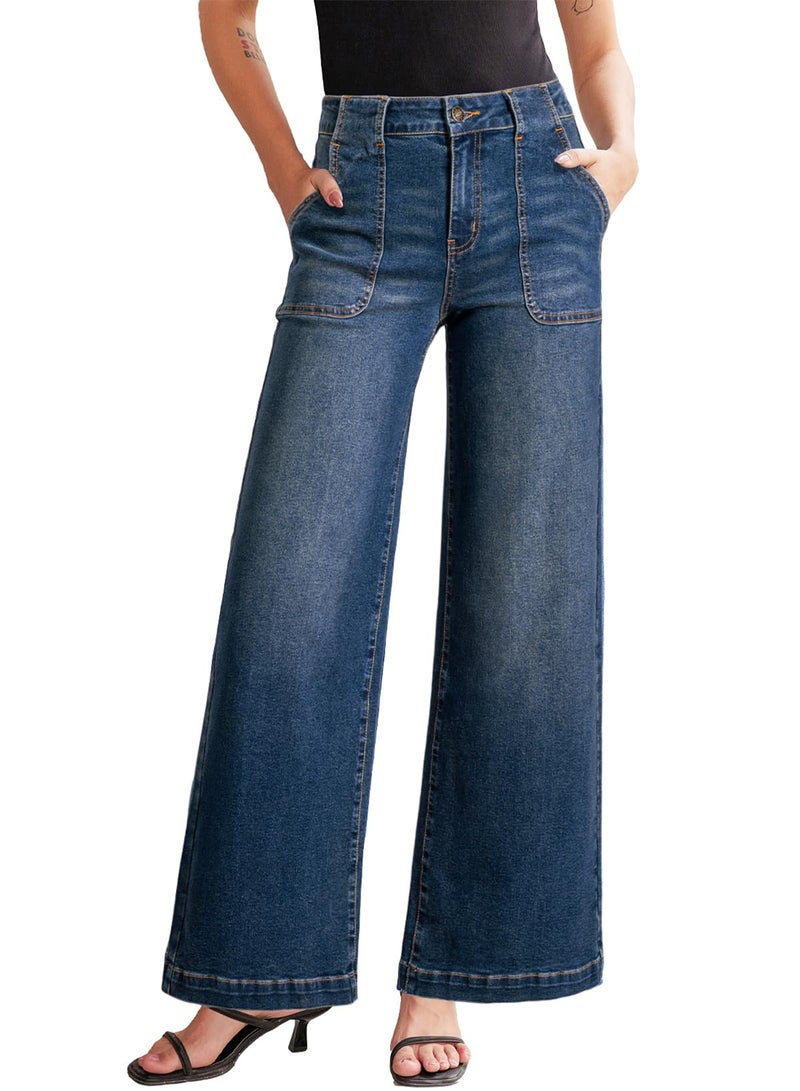 Sidefeel Womens Wide Leg Jeans High Waisted Stretchy Straight Leg Baggy Denim Pants with Pockets Real Teal Size 14 - Image 1