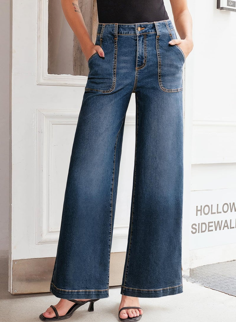 Sidefeel Womens Wide Leg Jeans High Waisted Stretchy Straight Leg Baggy Denim Pants with Pockets Real Teal Size 14 - Image 3