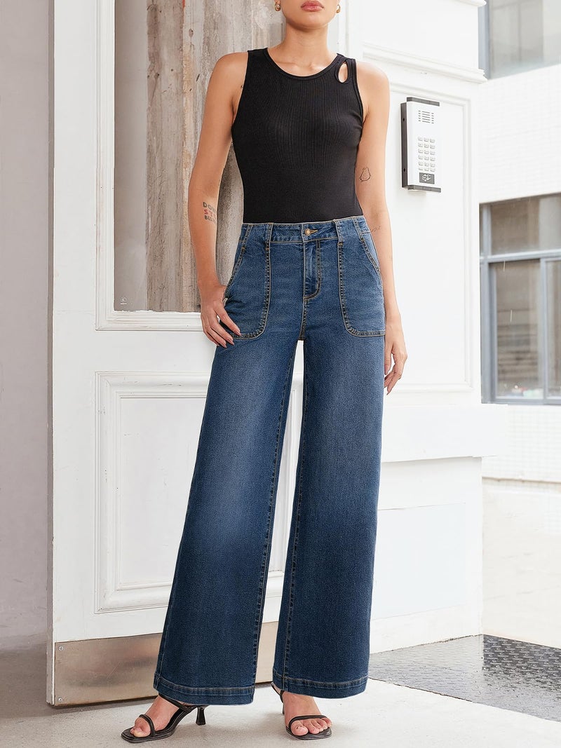 Sidefeel Womens Wide Leg Jeans High Waisted Stretchy Straight Leg Baggy Denim Pants with Pockets Real Teal Size 14 - Image 4