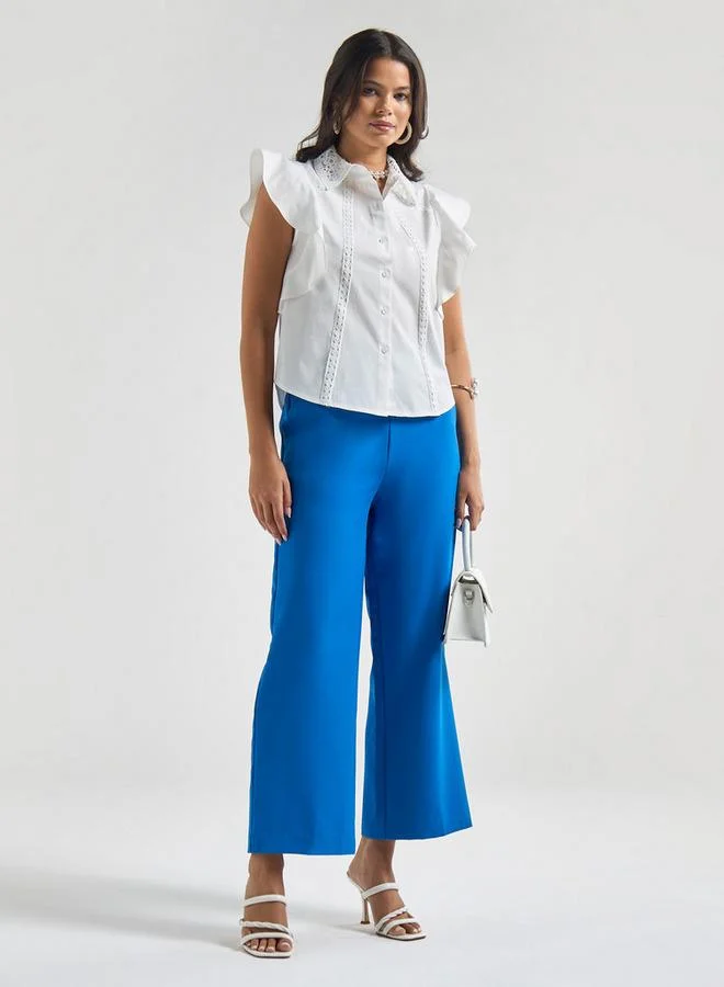 Splash FAV Solid Shirt with Flutter Sleeves and Lace Detail