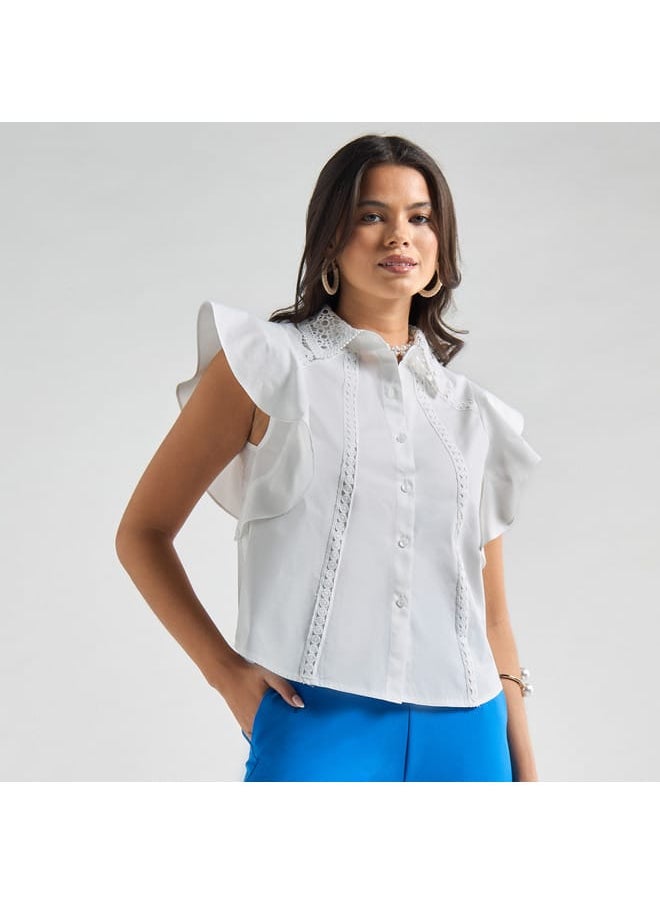 FAV Solid Shirt with Flutter Sleeves and Lace Detail  - Image 1