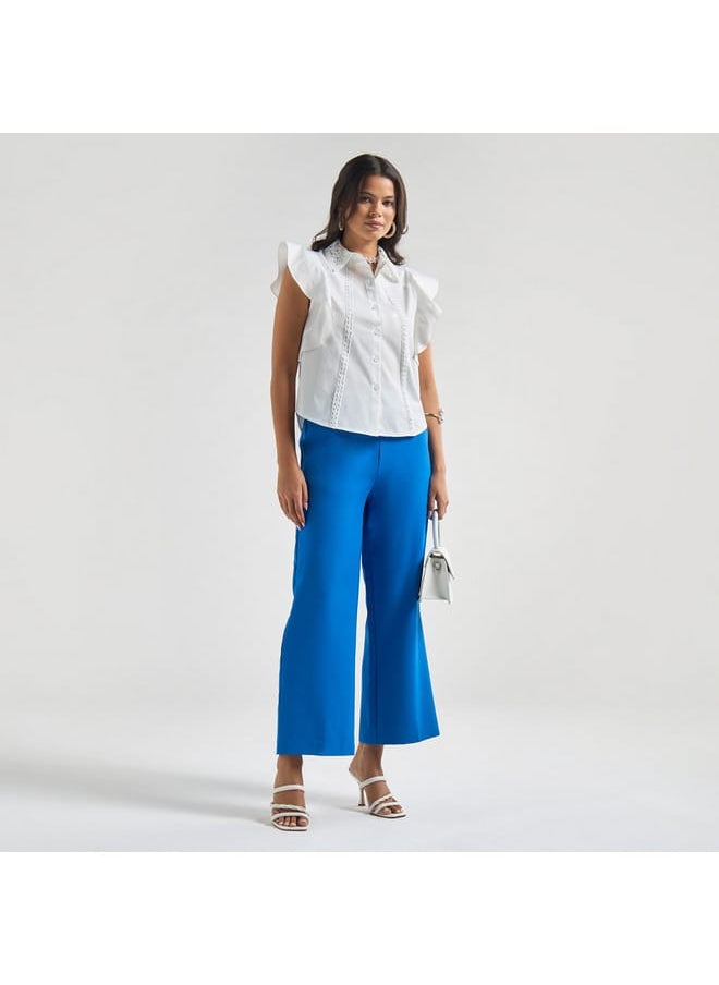 FAV Solid Shirt with Flutter Sleeves and Lace Detail  - Image 2