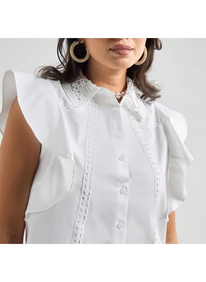 FAV Solid Shirt with Flutter Sleeves and Lace Detail  - Image 4