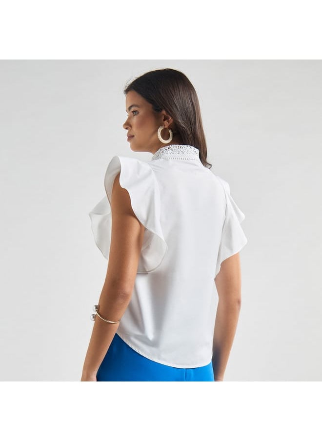 FAV Solid Shirt with Flutter Sleeves and Lace Detail  - Image 3