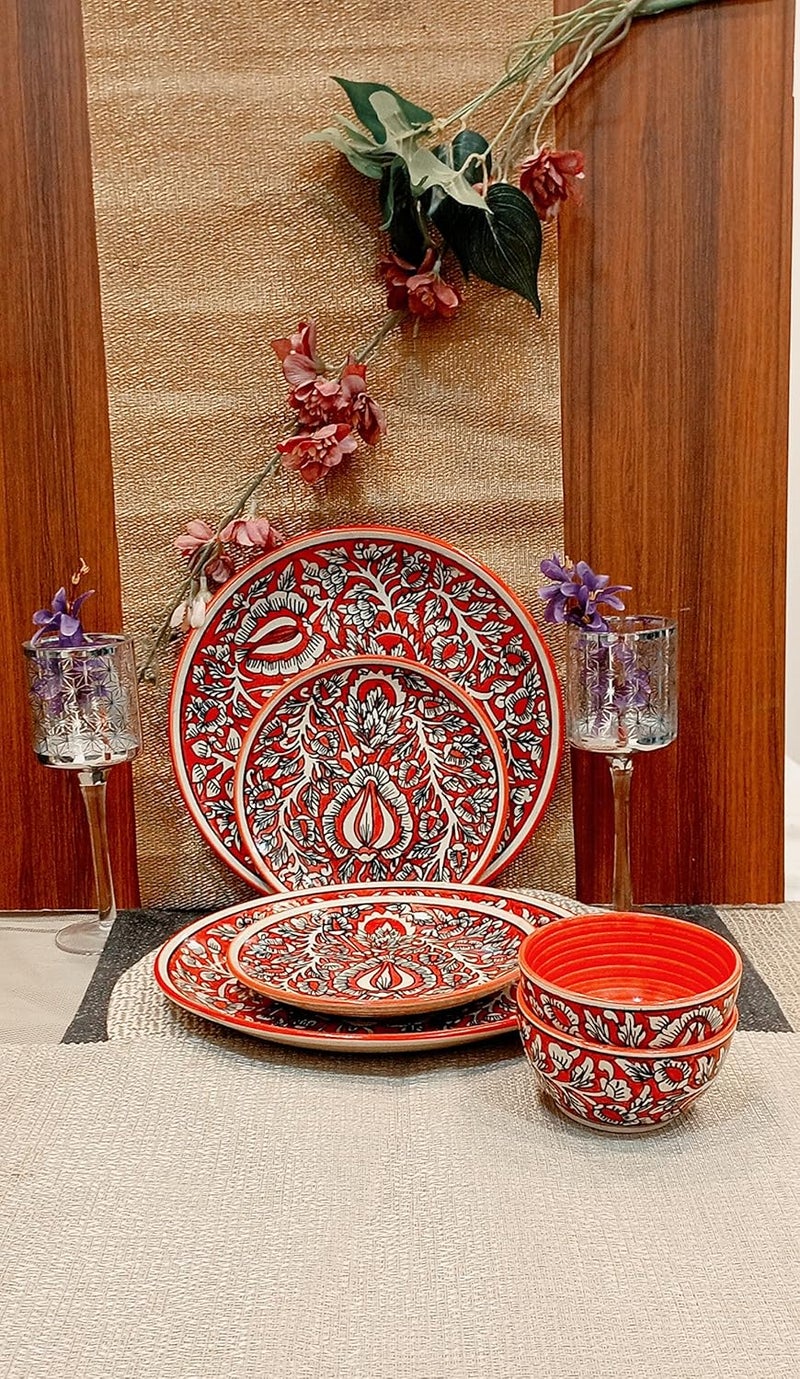 Caffeine Ceramic Handmade Red Mughal Dinner Set (Set of 6) - Image 1