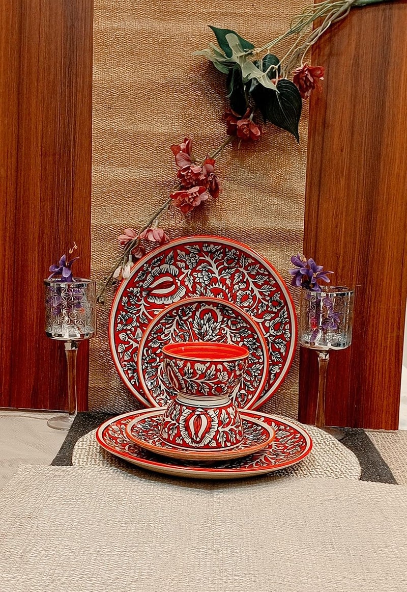 Caffeine Ceramic Handmade Red Mughal Dinner Set (Set of 6) - Image 2