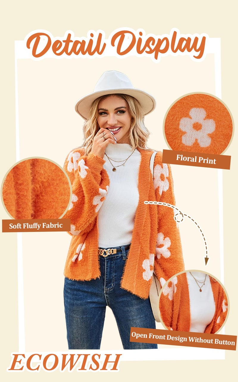 ECOWISH Women's Cardigan Sweaters - Floral Knit Open Front Crop Cardigans Long Sleeve Sweater Outwear Tops Orange M - Image 5