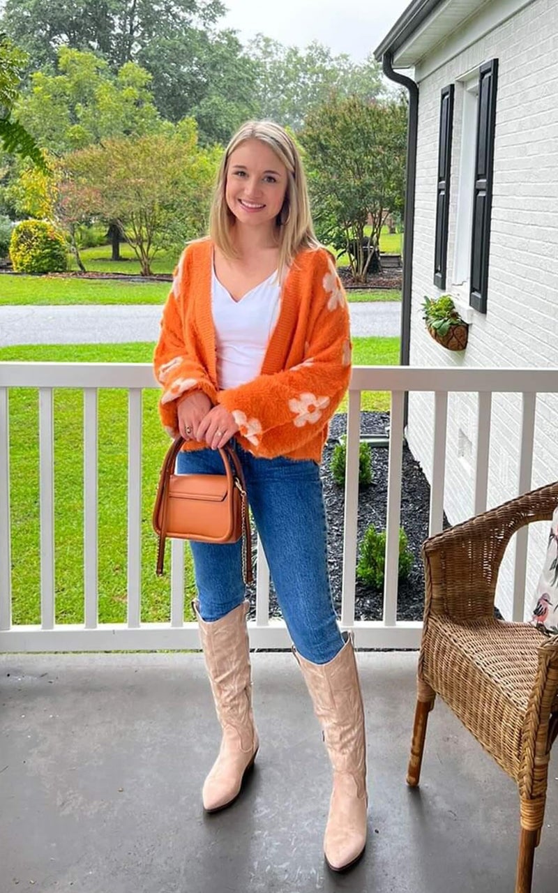 ECOWISH Women's Cardigan Sweaters - Floral Knit Open Front Crop Cardigans Long Sleeve Sweater Outwear Tops Orange M - Image 4