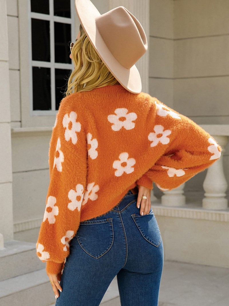 ECOWISH Women's Cardigan Sweaters - Floral Knit Open Front Crop Cardigans Long Sleeve Sweater Outwear Tops Orange M - Image 2