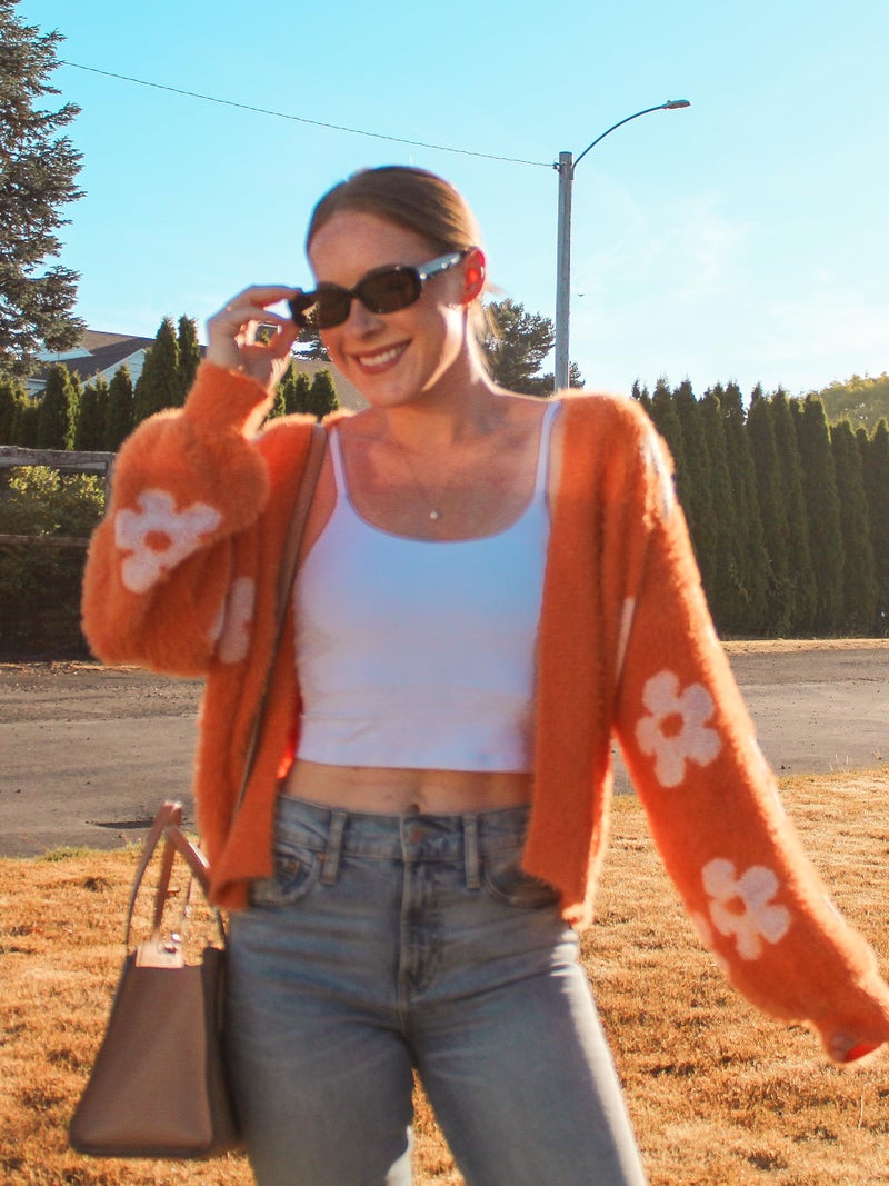 ECOWISH Women's Cardigan Sweaters - Floral Knit Open Front Crop Cardigans Long Sleeve Sweater Outwear Tops Orange M - Image 3