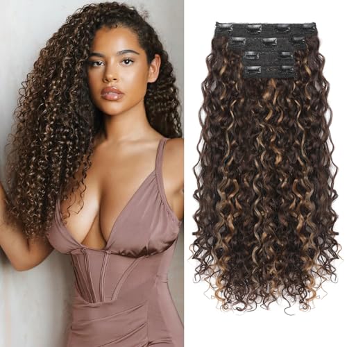 Flufymooz Clip in Hair Extensions FLUFYMOOZ 4PC 100 Pure Protein Silk Hair Extensions Long Soft Natural Hairpiece 20 Inch Curly Hair Extension for Women Brown with Deep Blonde Highlights - Image 1