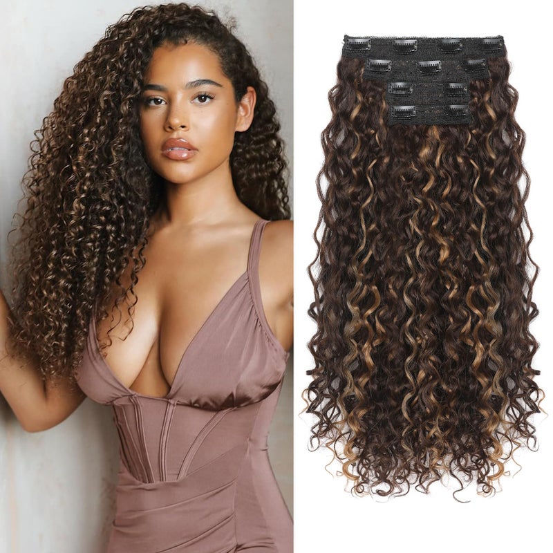 Flufymooz Clip in Hair Extensions FLUFYMOOZ 4PC 100 Pure Protein Silk Hair Extensions Long Soft Natural Hairpiece 20 Inch Curly Hair Extension for Women Brown with Deep Blonde Highlights - Image 2