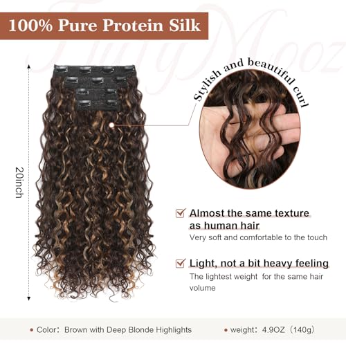 Flufymooz Clip in Hair Extensions FLUFYMOOZ 4PC 100 Pure Protein Silk Hair Extensions Long Soft Natural Hairpiece 20 Inch Curly Hair Extension for Women Brown with Deep Blonde Highlights - Image 3