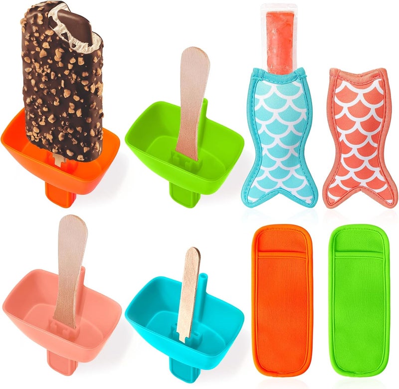 Juome 8Pcs Popsicle Holders Ice Pop Sleeves Set for Kids, Reusable Silicone Popsicle Holder with Built in Straw Neoprene Popsicle Sleeves for Toddlers No Drip, Freeze Pop Holders for Kids Mess Free - Image 1