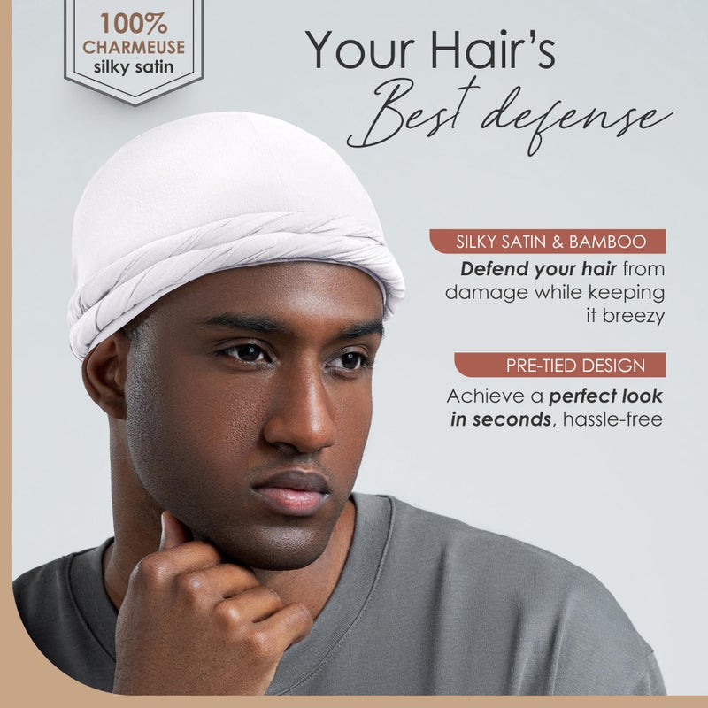 CAPLORD Silk Satin Lined Halo Turban Head Wrap Pre-Tied Skull Cap for Men and Women Sleeping Bonnet Hair Cover Chemo Hair Loss Hat Headwrap Wave Cover White - Image 2