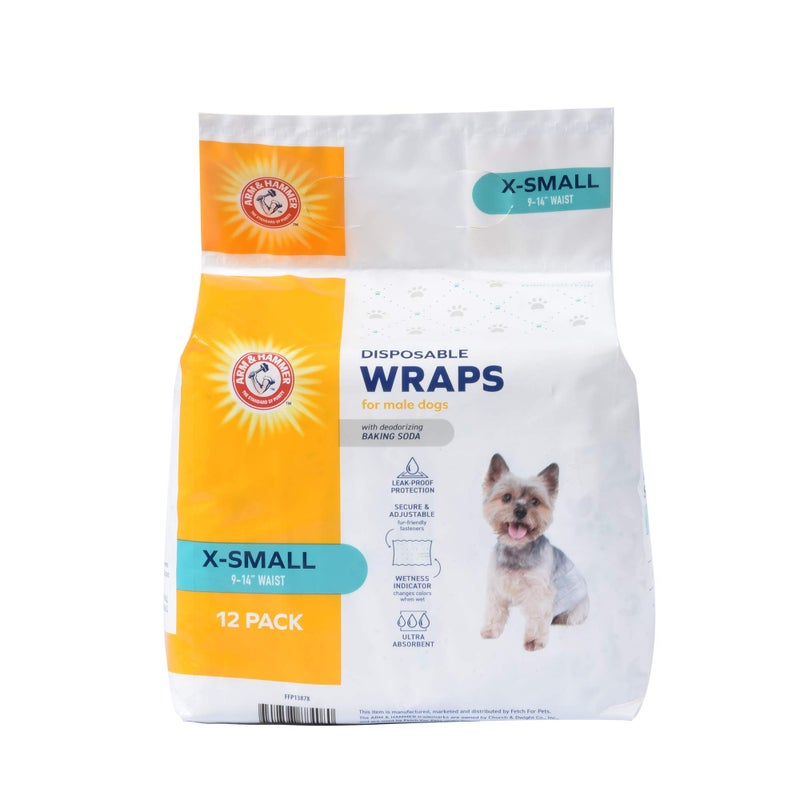 Arm Hammer for Pets Male Dog Wraps XSmall 12ct Super Absorbent Dog Wraps for Male Dogs Arm Hammer Baking Soda Enhanced Doggie Diapers for Odor Control Dog Diapers Male Male Dog Diapers