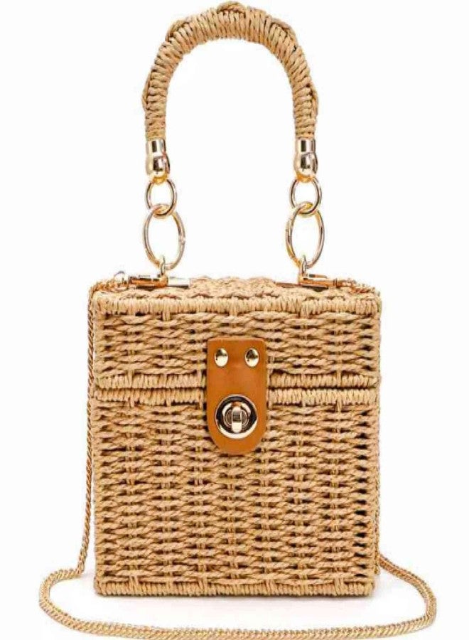 Noamus Square Straw Handbag, Vintage Women's Wicker Basket Bag, Handmade Rattan Crossbody Bag, Boho Tote Bag with Detachable Shoulder Strap for Summer Beach Casual Vacation Chic - Image 5